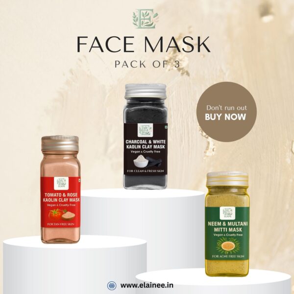 elainee face mask pack of 3 | vegan clay masks for glowing & acne free skin